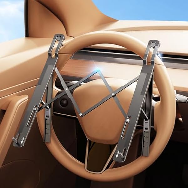  Car Laptop Mount Steering Wheel Tray Holder, Height Adjustable Car Desk for Laptop Computer Tablet, Foldable Portable Lap Laptop Stand for Car Vehicle Workstation Accessories Truck SUV Tesla