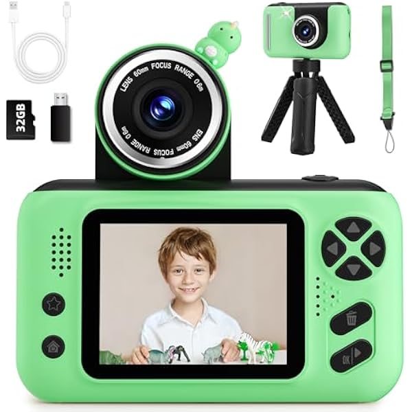 Kids Camera, Birthday Gifts for Boys and Girls Age 3-8,Video Recorder for Kids 8-12,Childrens Digital Camcorder for vlogging Portable Kids Selfie Camera with 32GB SD Card Green